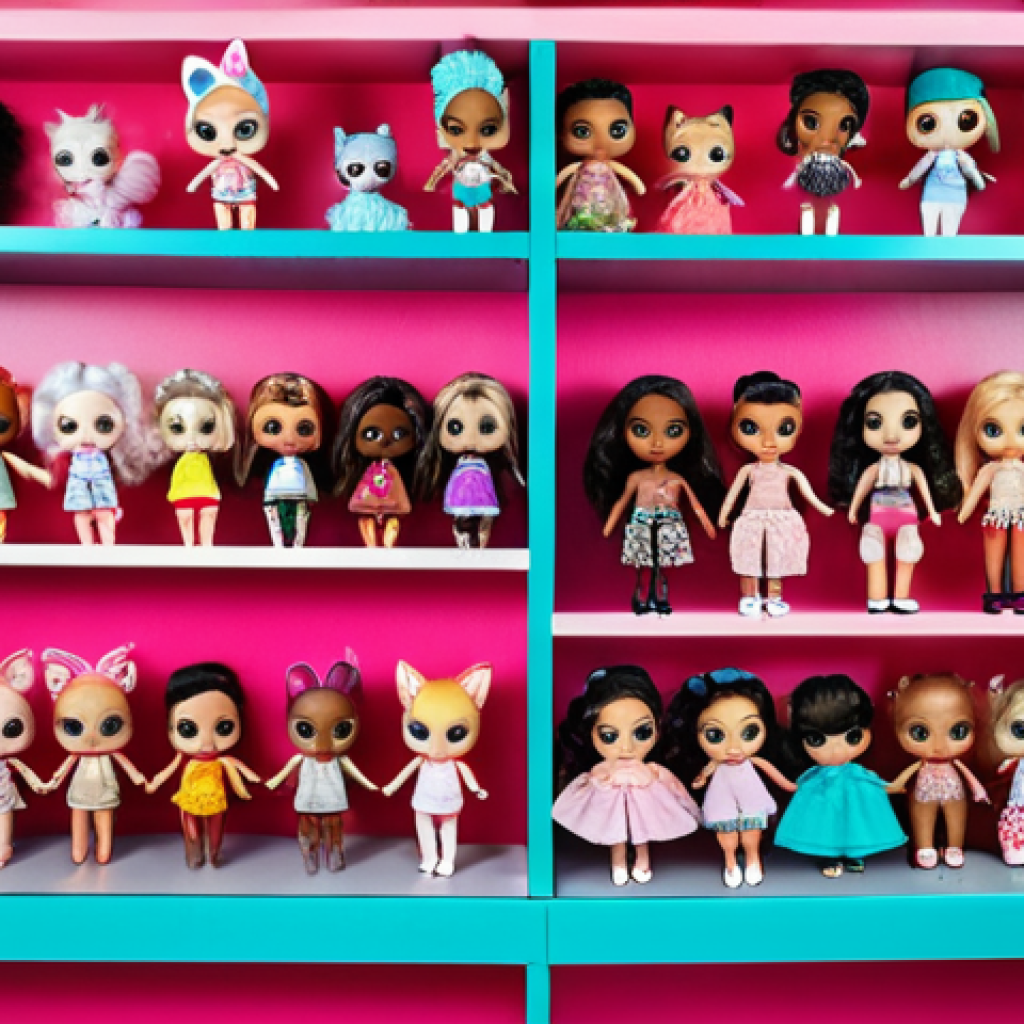 A collection of LOL Surprise! dolls with diverse styles and outfits, arranged on a colorful display shelf. Focus on capturing the details of the dolls' clothing, accessories, and hairstyles, emphasizing the vibrant and collectible nature of LOL Surprise! O.M.G. Fashion Dolls, Lils, Pets are around.
