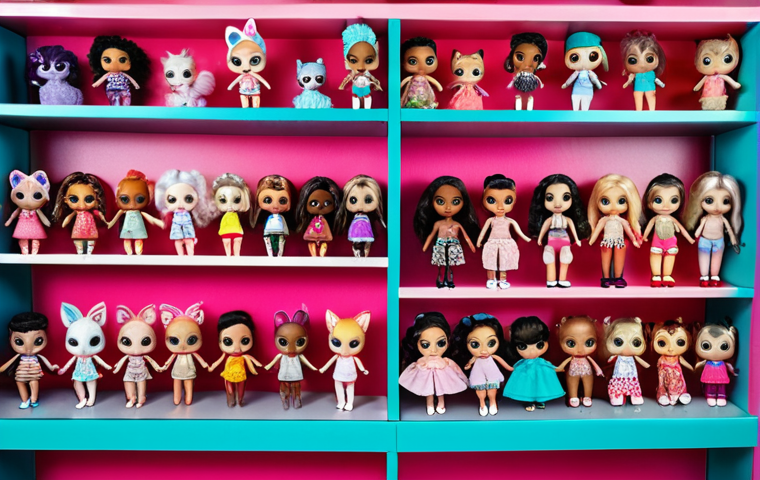 A collection of LOL Surprise! dolls with diverse styles and outfits, arranged on a colorful display shelf. Focus on capturing the details of the dolls' clothing, accessories, and hairstyles, emphasizing the vibrant and collectible nature of LOL Surprise! O.M.G. Fashion Dolls, Lils, Pets are around.
